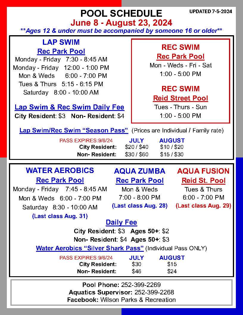 Summer Pool Hours June 8 - August 23 Updated 7-5-2024