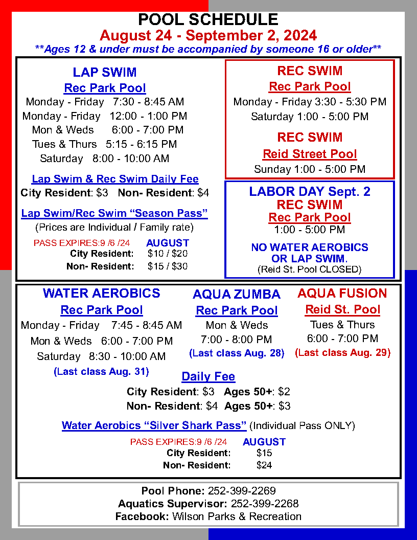 Summer Pool Hours Aug 24 - Sept 2